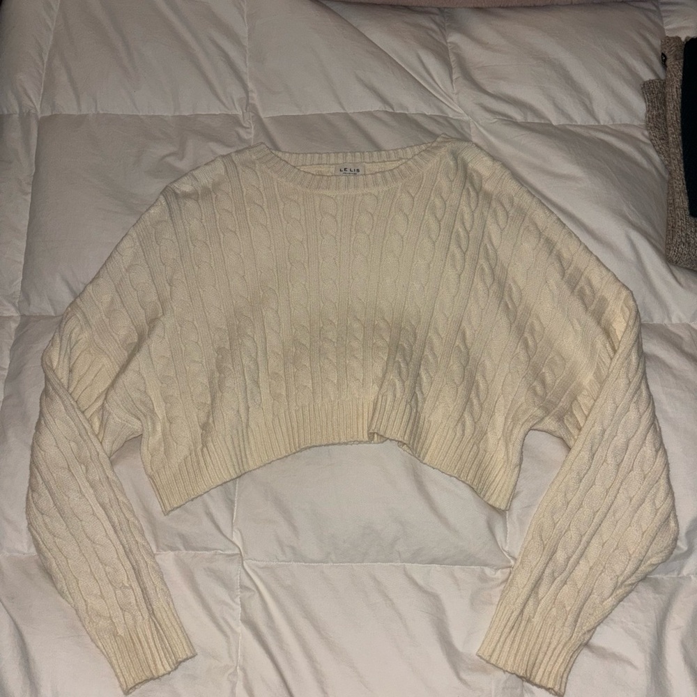 Le Lis Cropped Cable Knit Cream Sweater